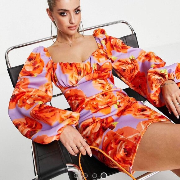 Asos Design Mini Dress Womens 2 Purple Coquette Twee Romantic Floral Casual - Picture 2 of 12